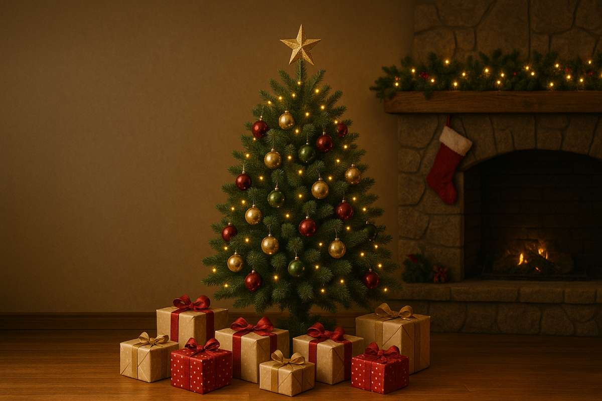 8K Christmas Tree Wallpaper Cozy Fireplace And Gifts Holiday Background Ultra HD - free 8K wallpaper