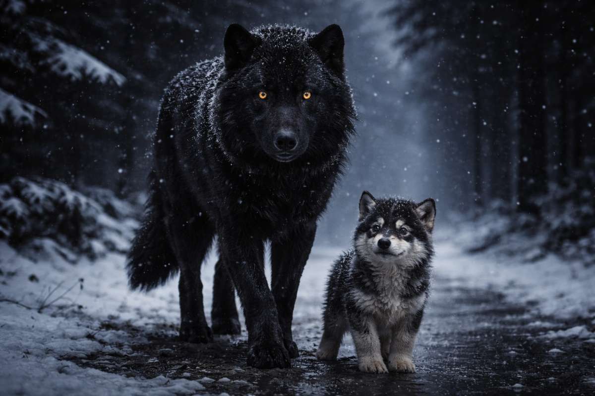 Alpha Black Wolf and Cub 8K Wallpaper Cinematic Winter Night Snowfall - related 8K wallpaper