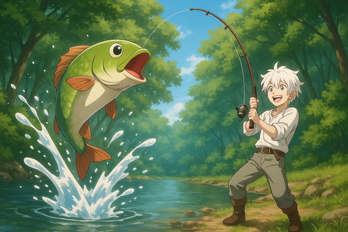 Anime Fishing Adventure 8K Catching Big Fish Forest River - free 8K wallpaper