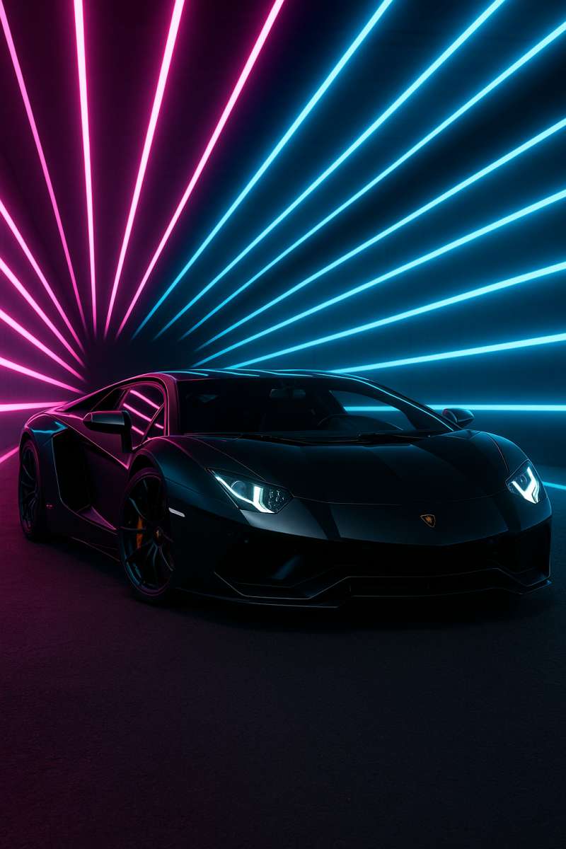 Black Lamborghini Aventador in Neon Tunnel 8K Car Wallpaper - free 8K wallpaper