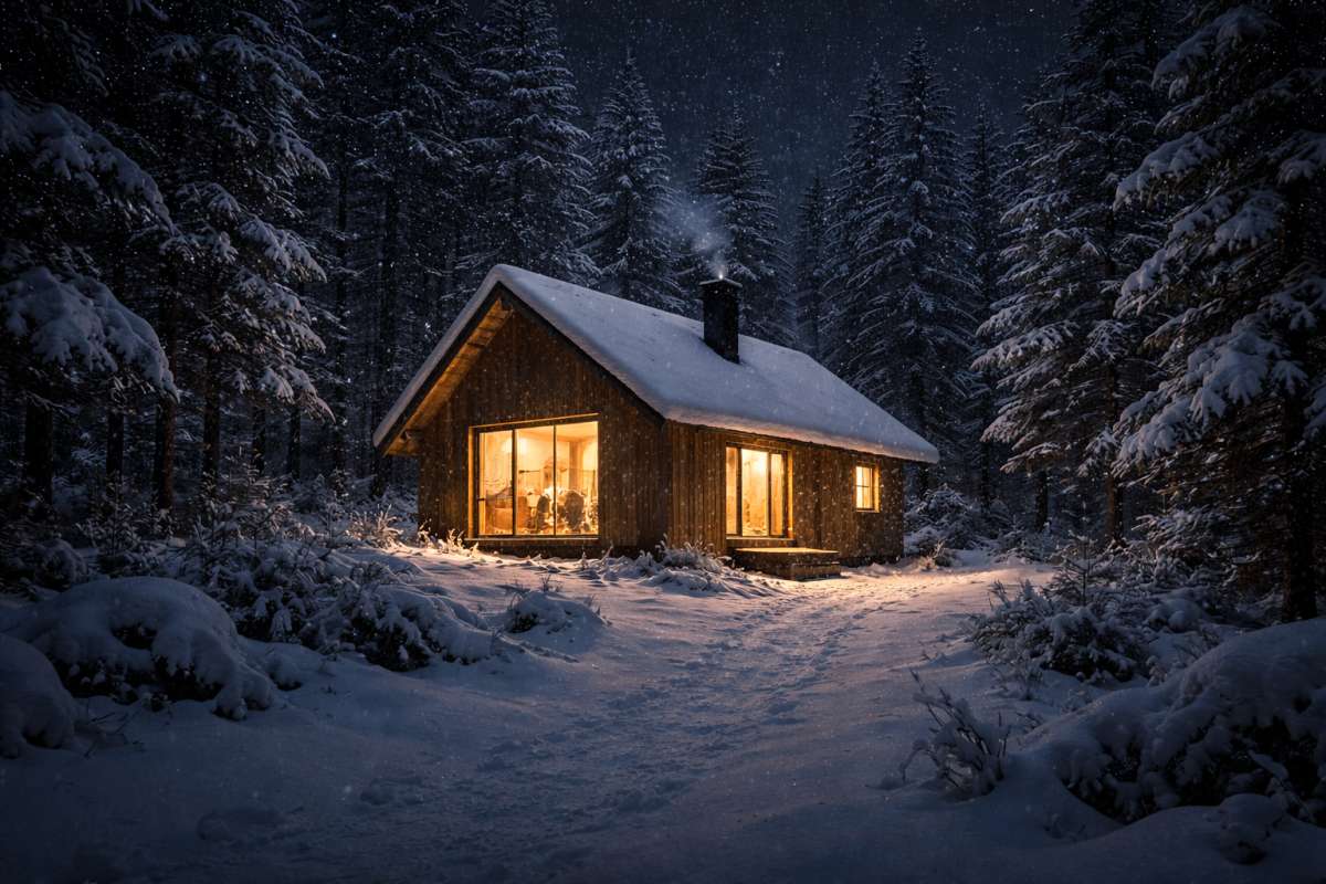 Cozy Winter Cabin 8K Wallpaper Snowy Forest Night Background - related 8K wallpaper