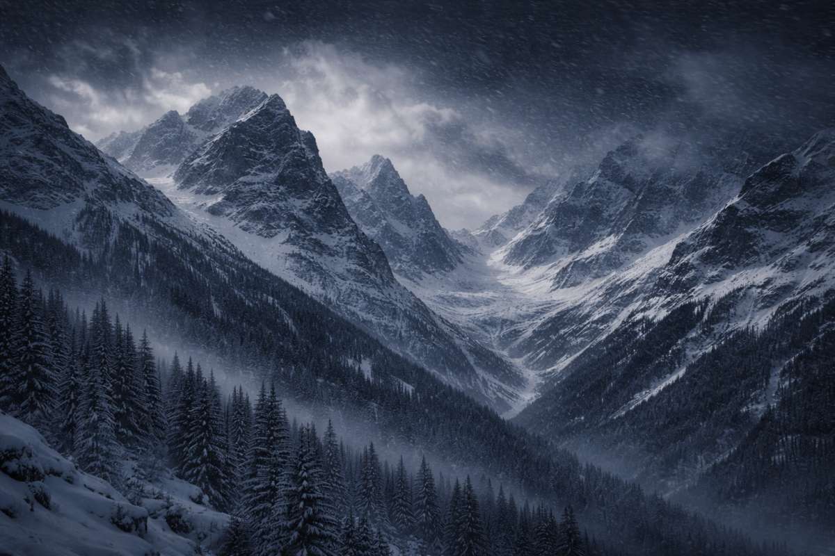 Dark Snowstorm Mountains 8K Wallpaper Dramatic Winter Landscape - related 8K wallpaper