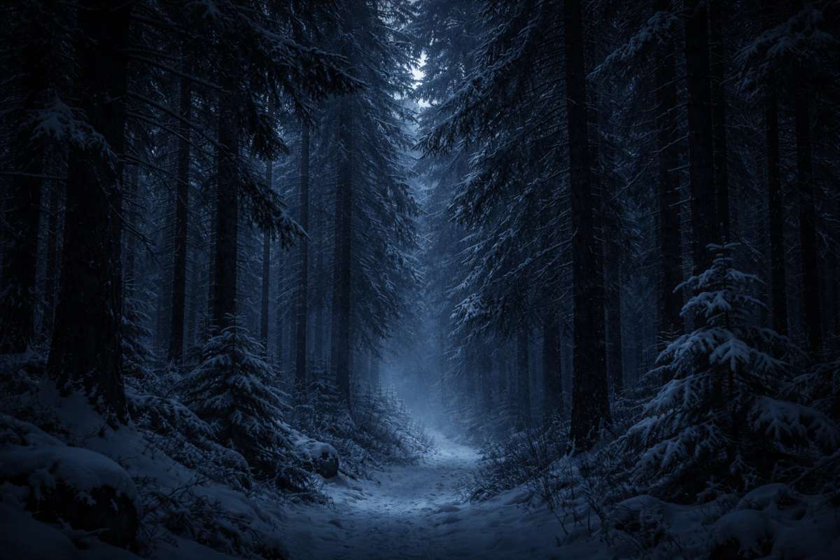 Dark Winter Forest 8K Wallpaper Snowy Night AMOLED Background - free 8K dark & amoled wallpaper