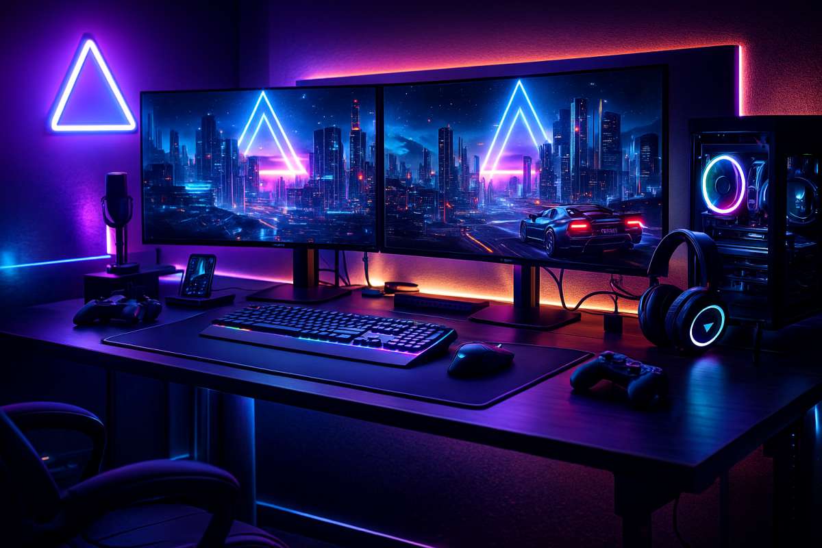 Dual Monitor RGB Gaming Setup Ultra Clean 8K Desk Wallpaper - free 8K wallpaper