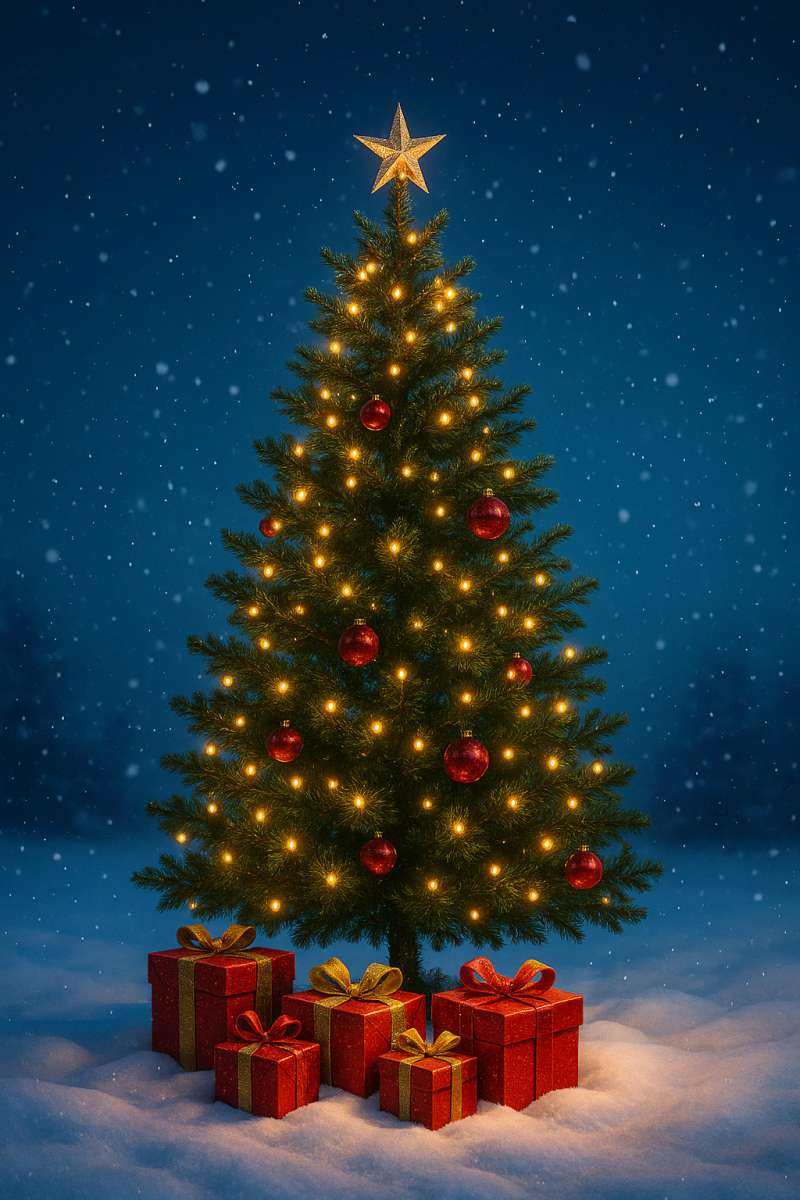 Elegant Christmas Tree Snowy Night 8K Wallpaper - free 8K wallpaper