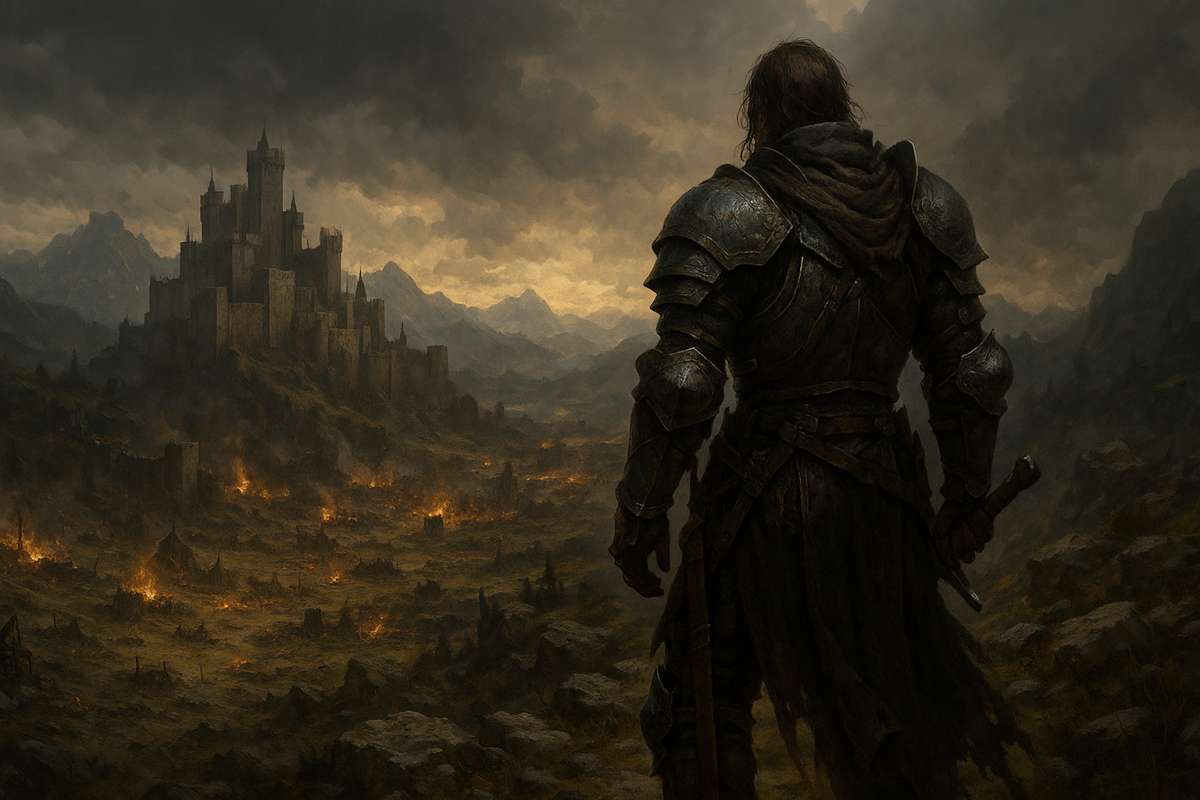 Lone Warrior Overlooking Destroyed Kingdom 8K Epic Medieval Wallpaper - free 8K wallpaper