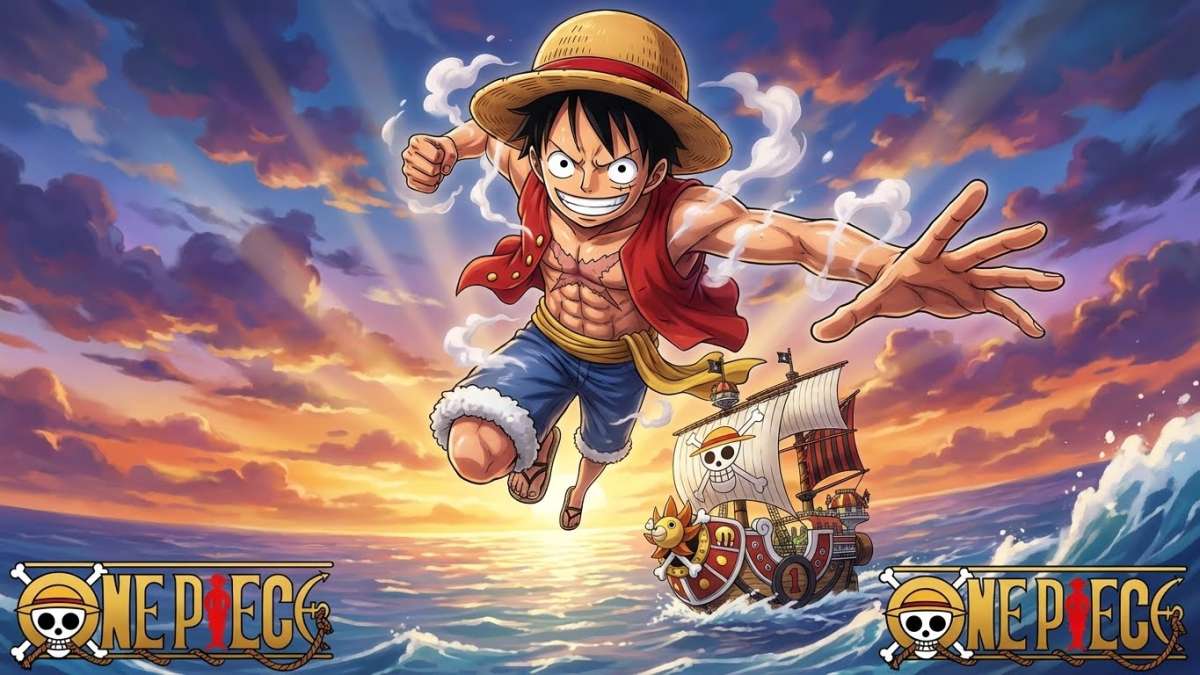Luffy in Action One Piece 8K Anime Wallpaper with Thousand Sunny - free 8K wallpaper