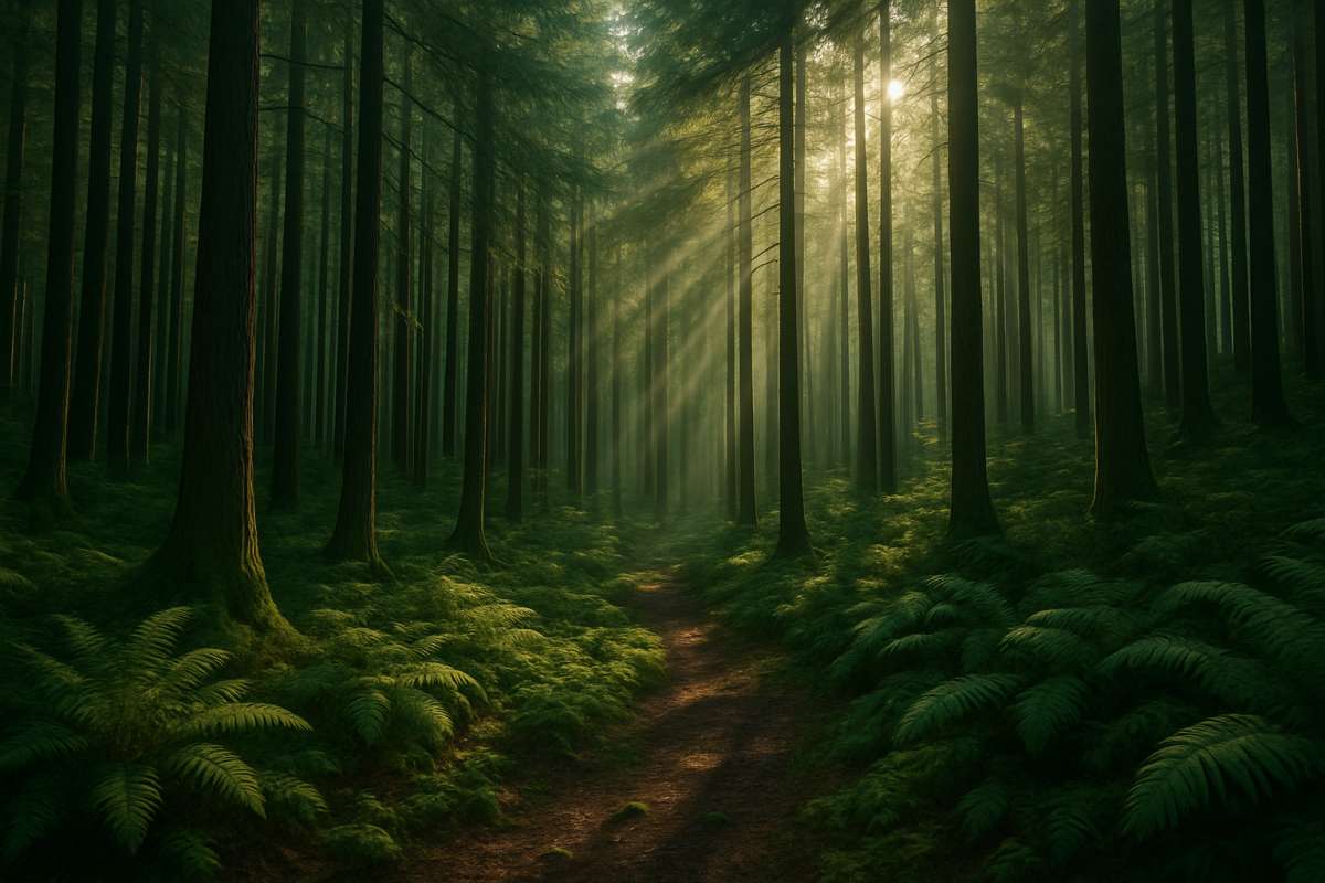 Mystic Forest Trail 8K Sunlight Through Tall Pines Nature Wallpaper - free 8K wallpaper