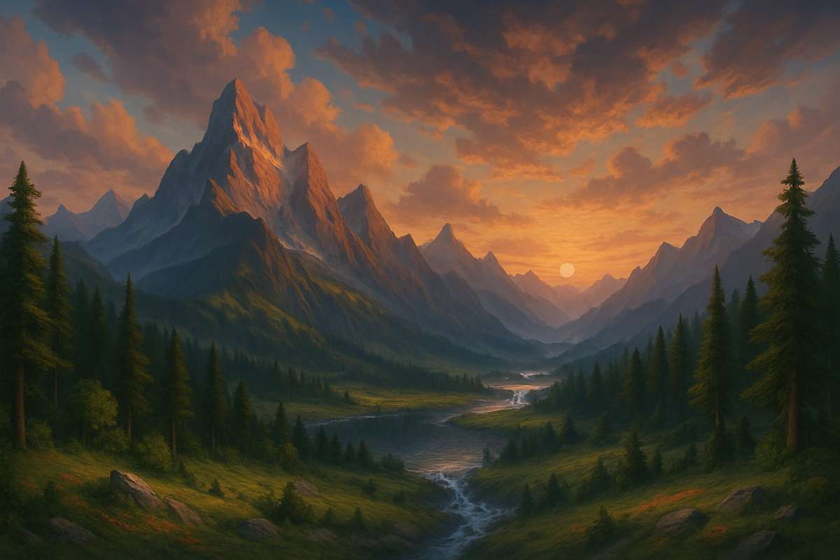Mystic Mountain Sunset 8K Fantasy Landscape Wallpaper - free 8K wallpaper