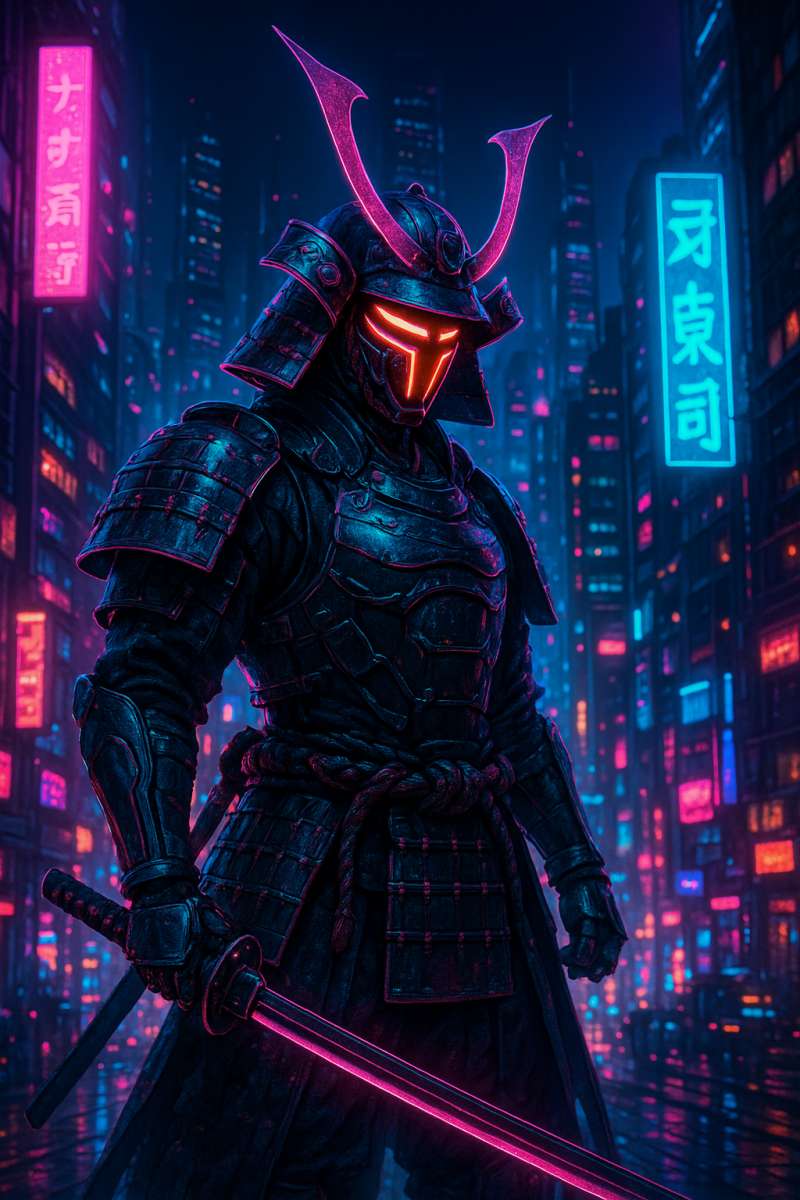 Neon Samurai Warrior Futuristic Cyber City 8K Wallpaper - free 8K wallpaper