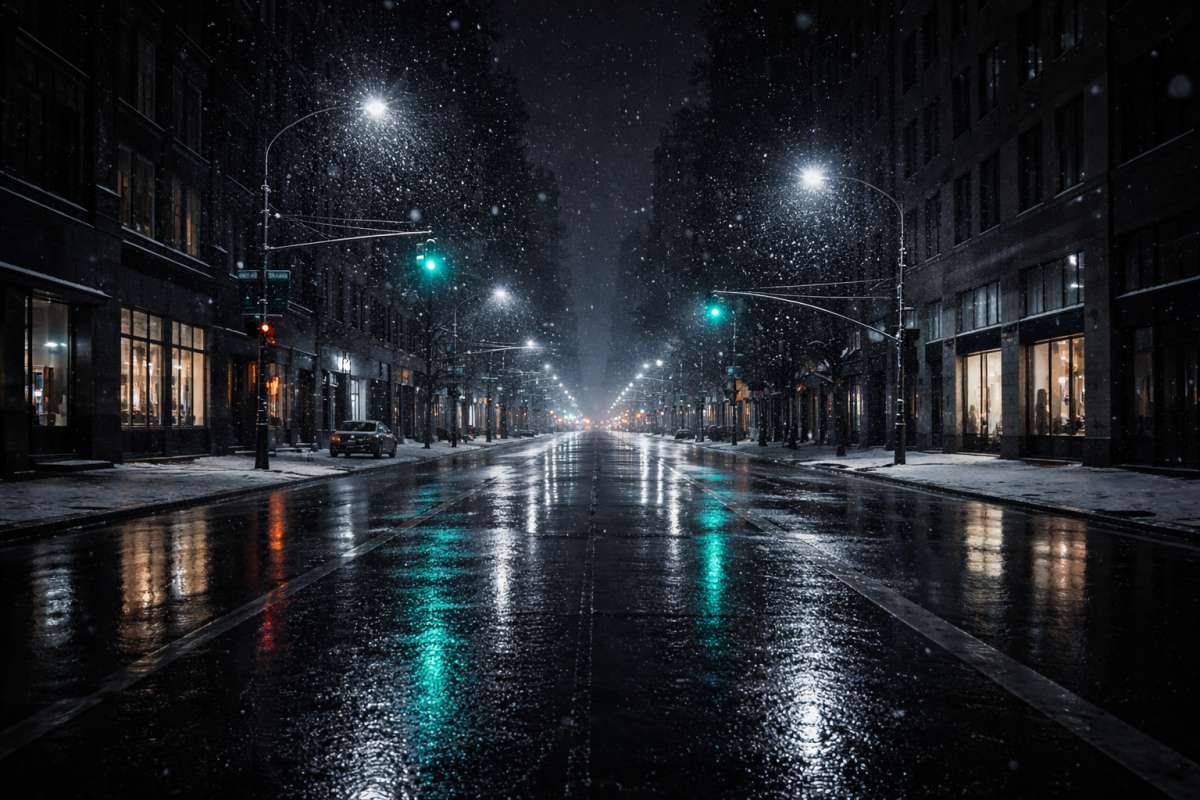 Snowy City Night 8K Wallpaper Winter Urban Street Background - free 8K desktop 8k wallpapers wallpaper