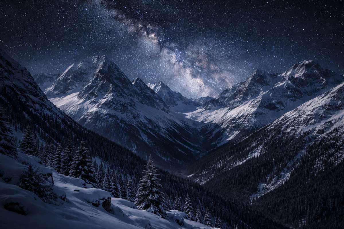 Snowy Mountains Starry Sky 8K Wallpaper Winter Night Landscape - related 8K wallpaper