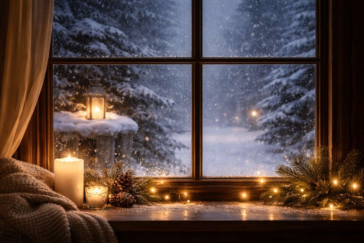 Snowy Window View 8K Wallpaper Cozy Winter Indoor Background - related 8K wallpaper