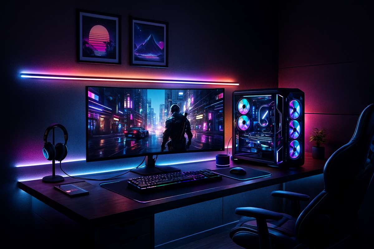 Ultra-Wide Monitor RGB Gaming Desktop Setup Modern 8K Wallpaper - free 8K wallpaper